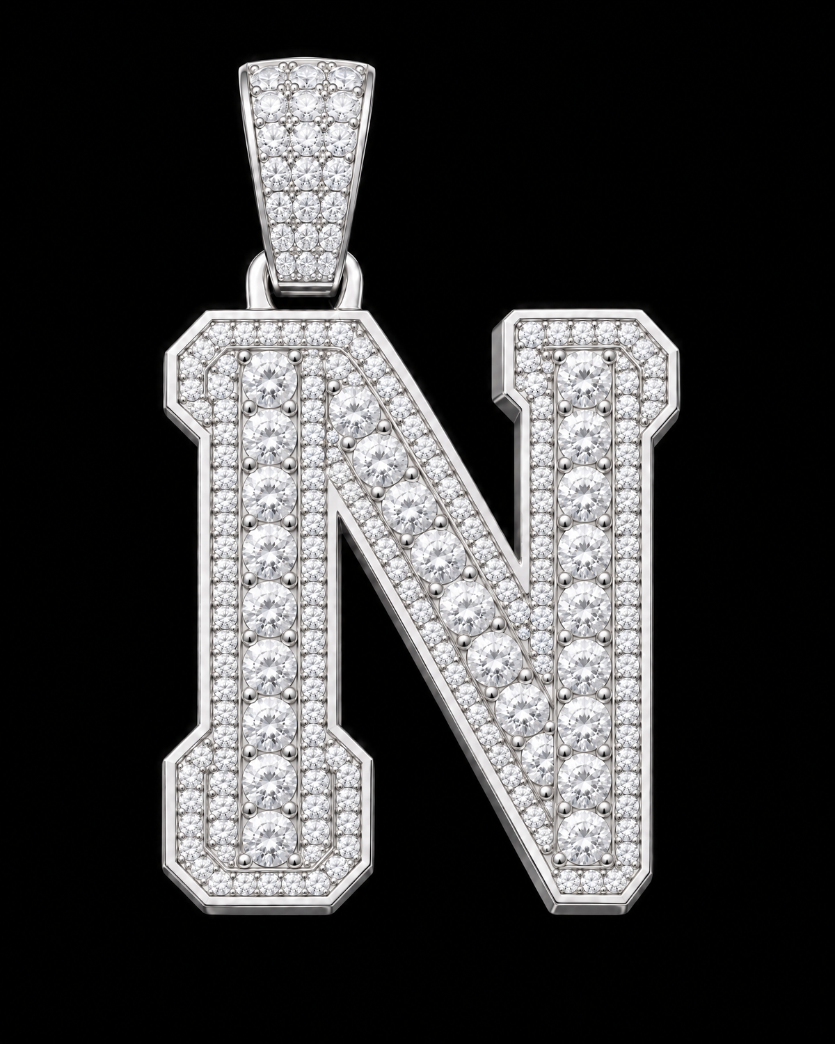 AI design render: letter N in white gold with round brilliant lab-grown diamond centers, borders and bail.