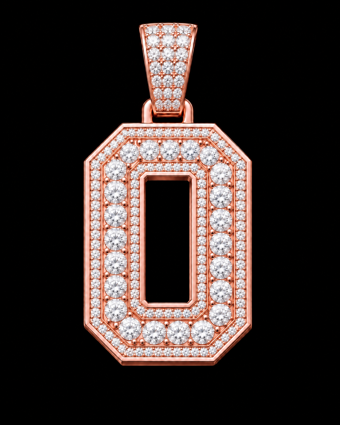 AI design render: letter O in rose gold with round brilliant lab-grown diamond centers, borders and bail.