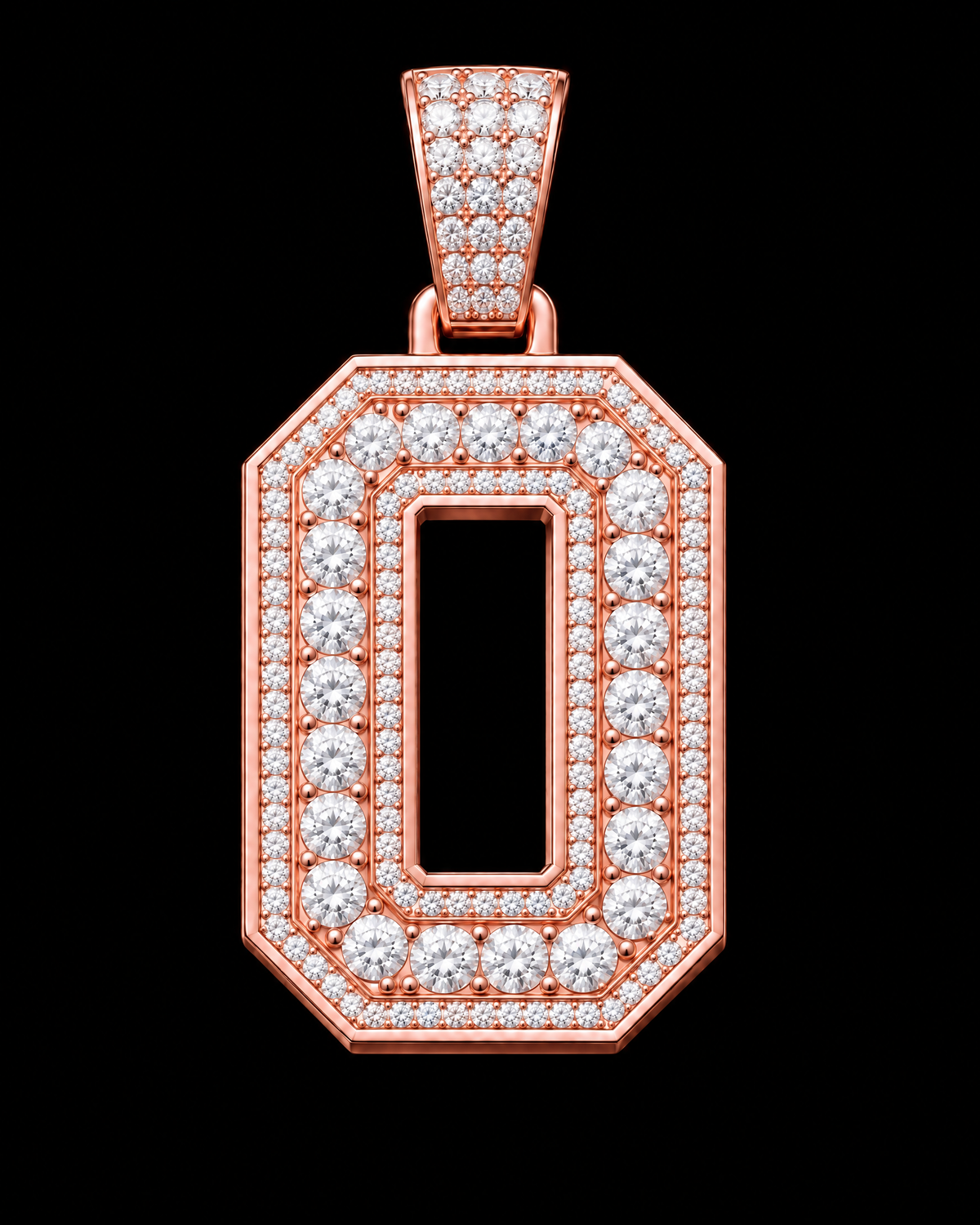 AI design render: letter O in rose gold with round brilliant lab-grown diamond centers, borders and bail.