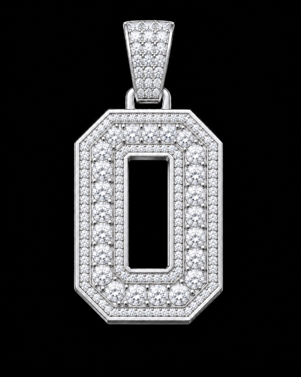AI design render: letter O in white gold with round brilliant lab-grown diamond centers, borders and bail.