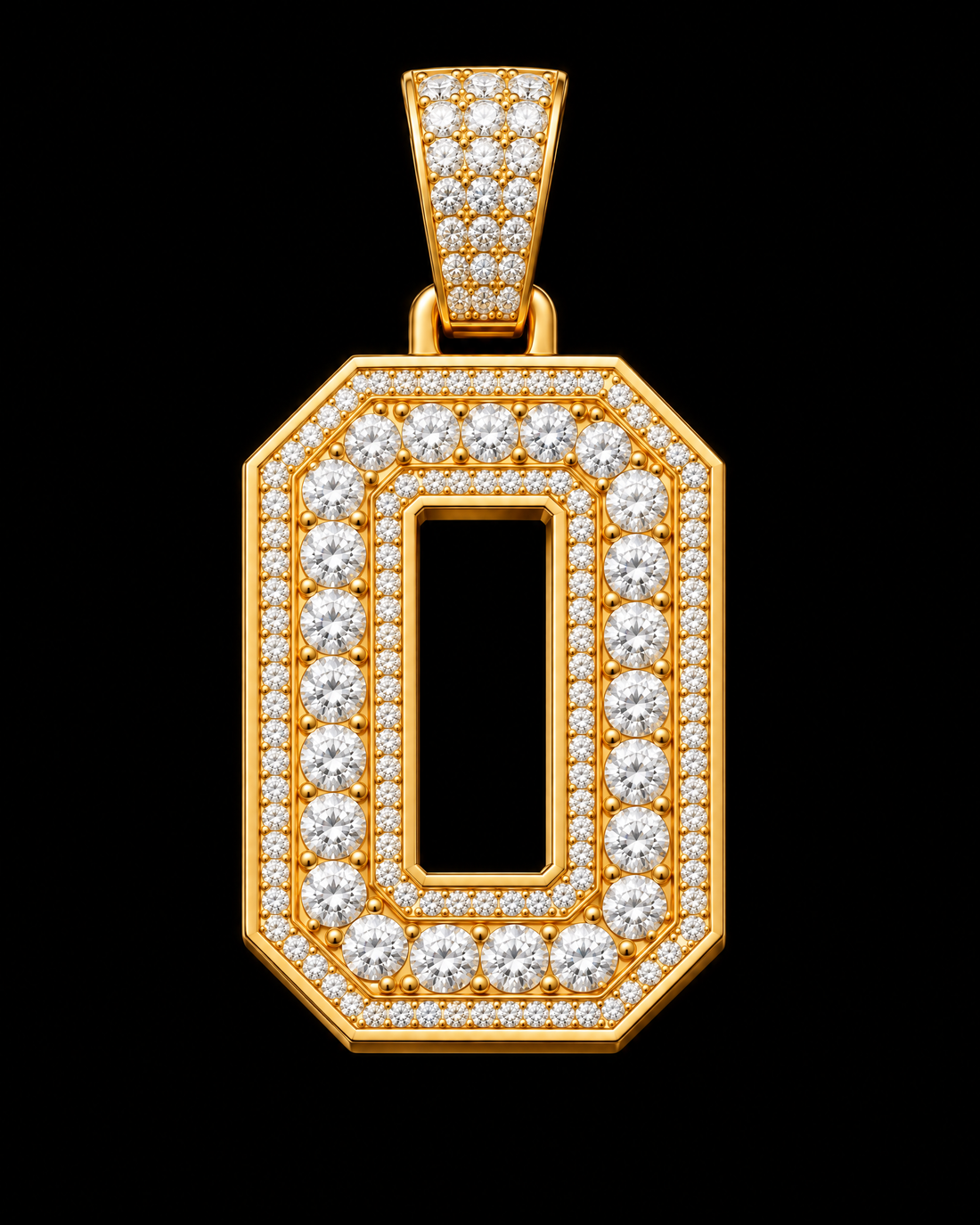 AI design render: letter O in yellow gold with round brilliant lab-grown diamond centers, borders and bail.