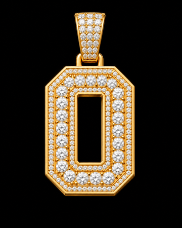 AI design render: letter O in yellow gold with round brilliant lab-grown diamond centers, borders and bail.