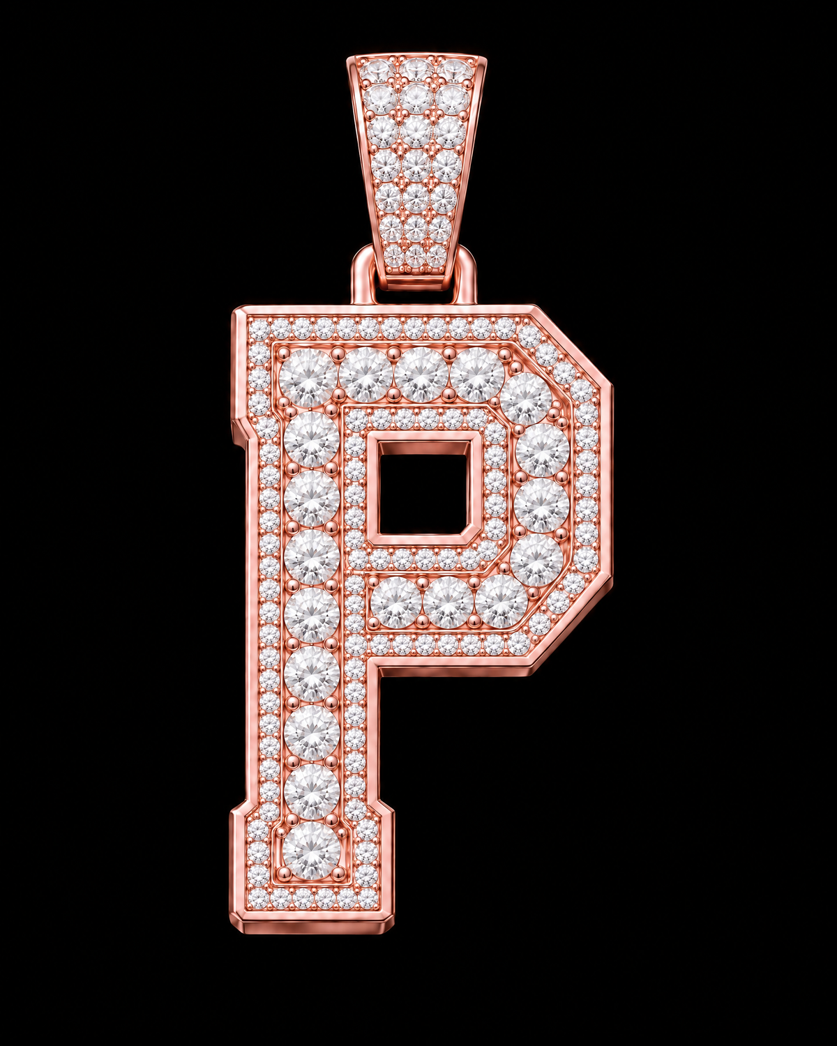 AI design render: letter P in rose gold with round brilliant lab-grown diamond centers, borders and bail.