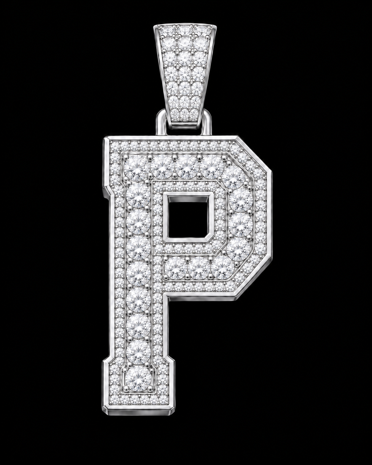 AI design render: letter P in white gold with round brilliant lab-grown diamond centers, borders and bail.