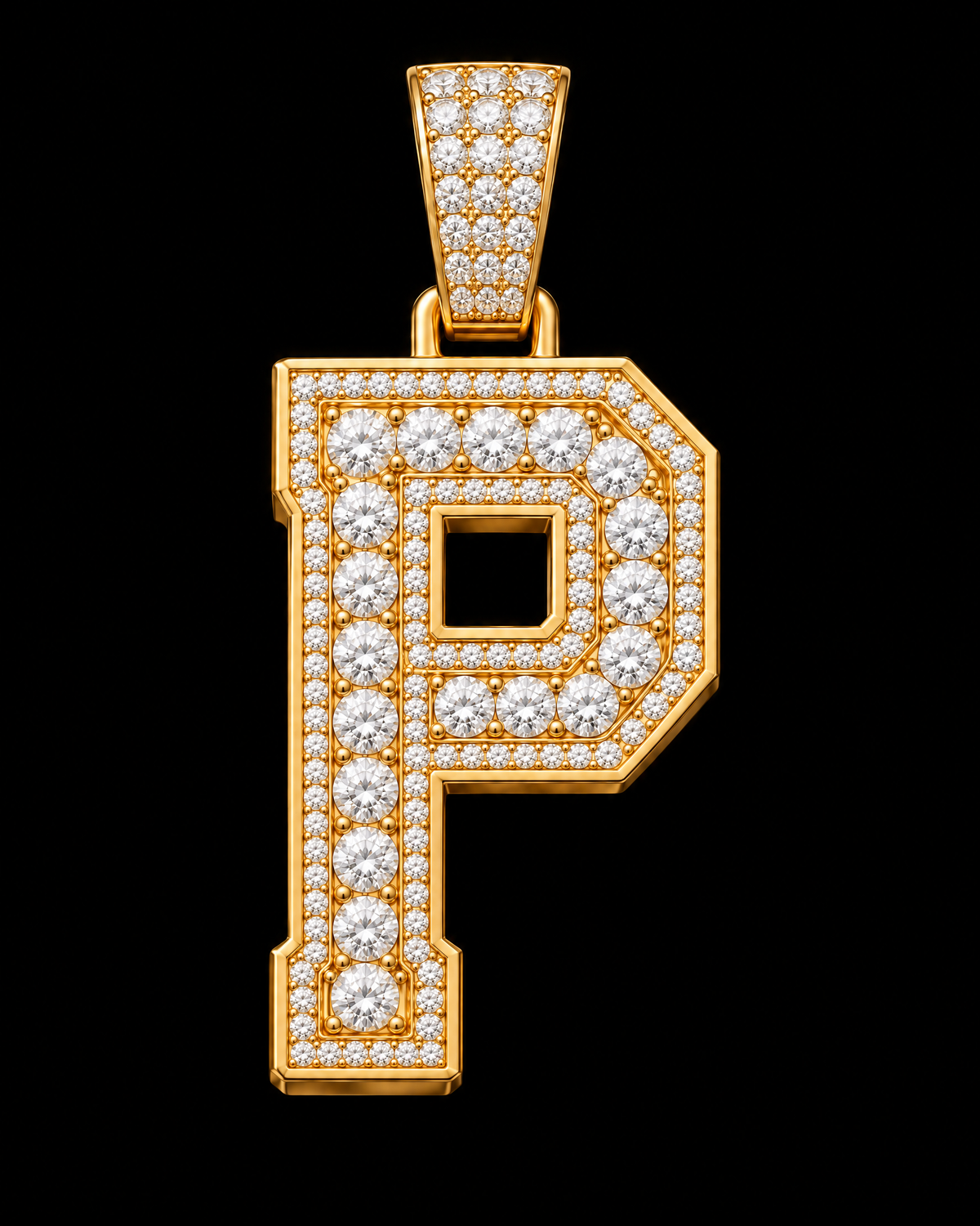 AI design render: letter P in yellow gold with round brilliant lab-grown diamond centers, borders and bail.
