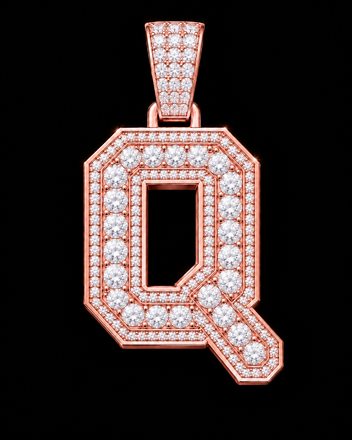 AI design render: letter Q in rose gold with round brilliant lab-grown diamond centers, borders and bail.