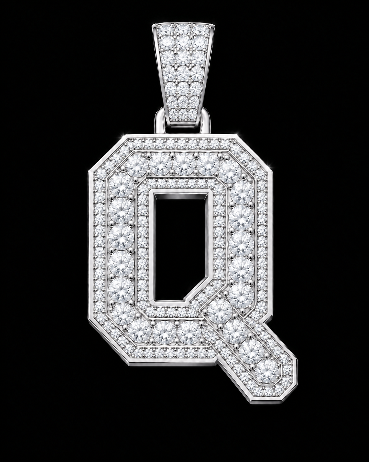 AI design render: letter Q in white gold with round brilliant lab-grown diamond centers, borders and bail.