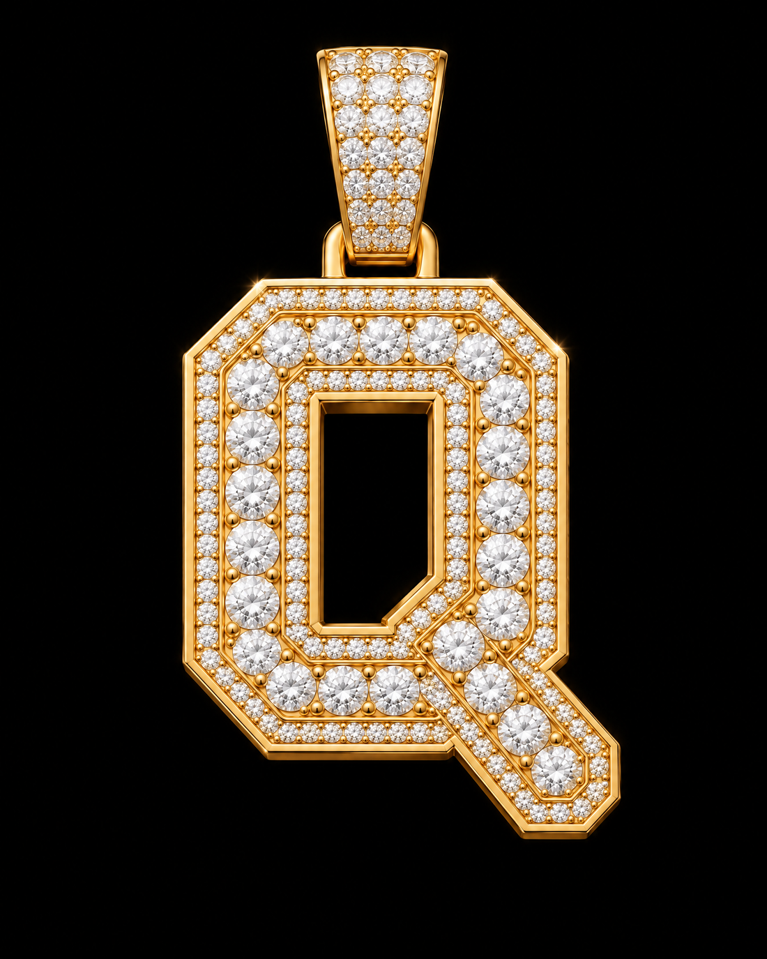 AI design render: letter Q in yellow gold with round brilliant lab-grown diamond centers, borders and bail.