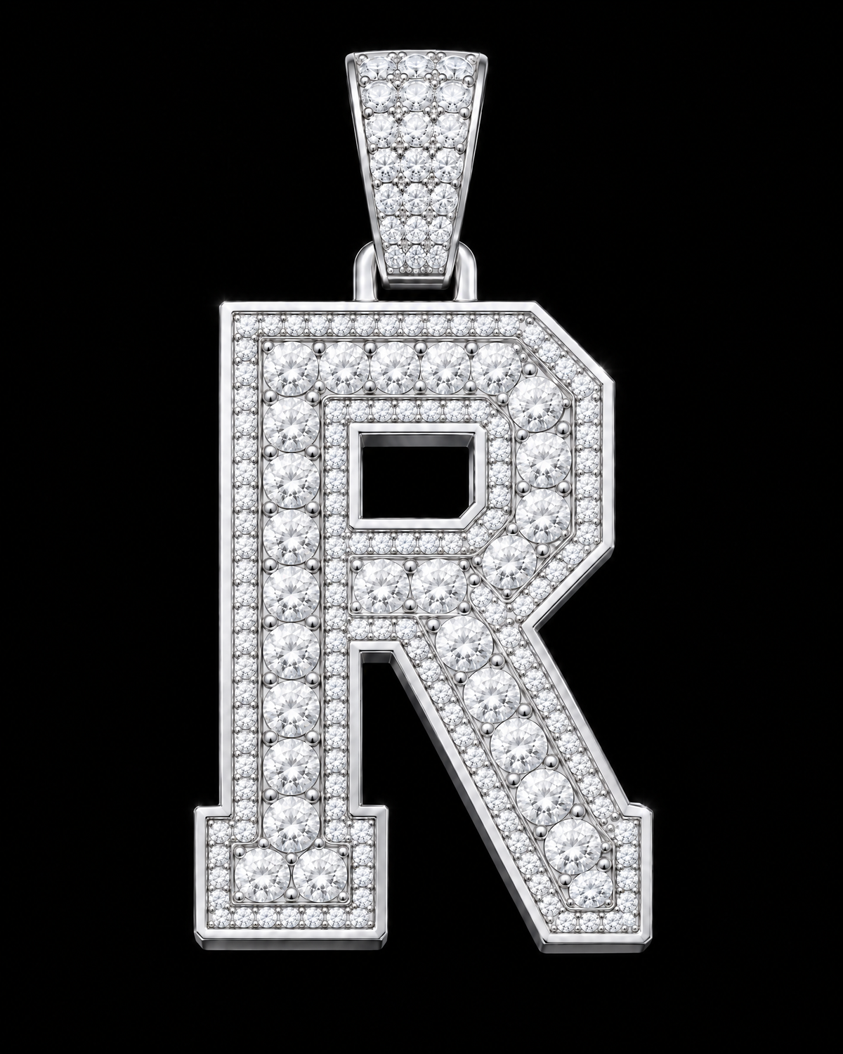AI design render: letter R in white gold with round brilliant lab-grown diamond centers, borders and bail.