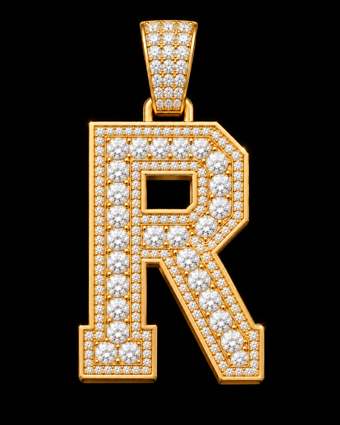 AI design render: letter R in yellow gold with round brilliant lab-grown diamond centers, borders and bail.