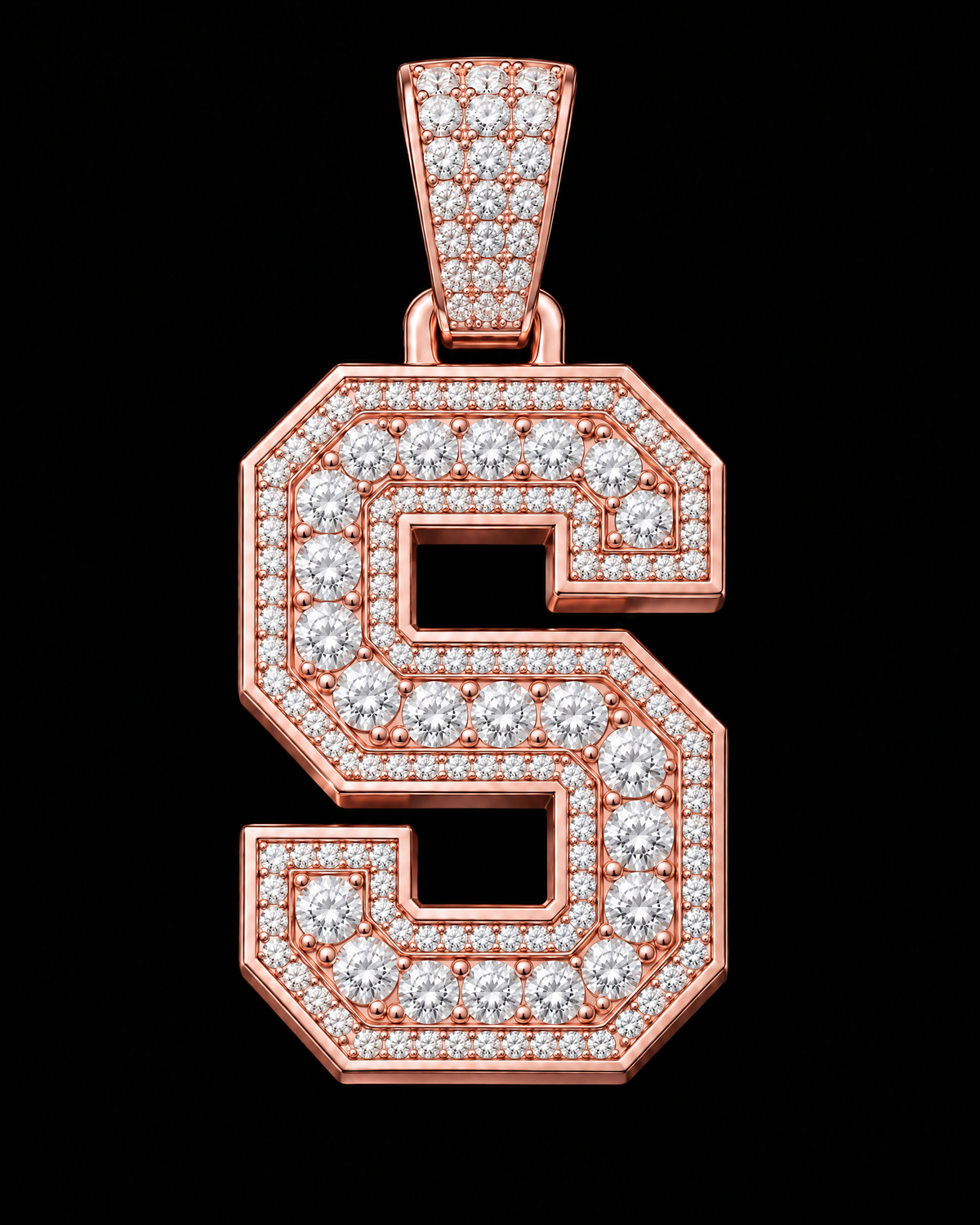 AI design render: letter S in rose gold with round brilliant lab-grown diamond centers, borders and bail.
