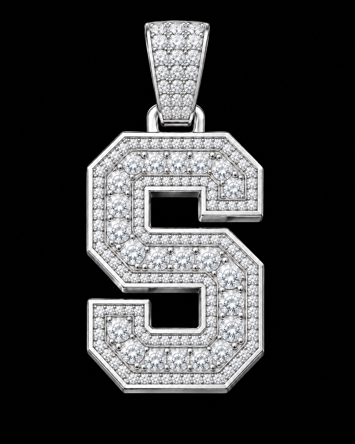 AI design render: letter S in white gold with round brilliant lab-grown diamond centers, borders and bail.