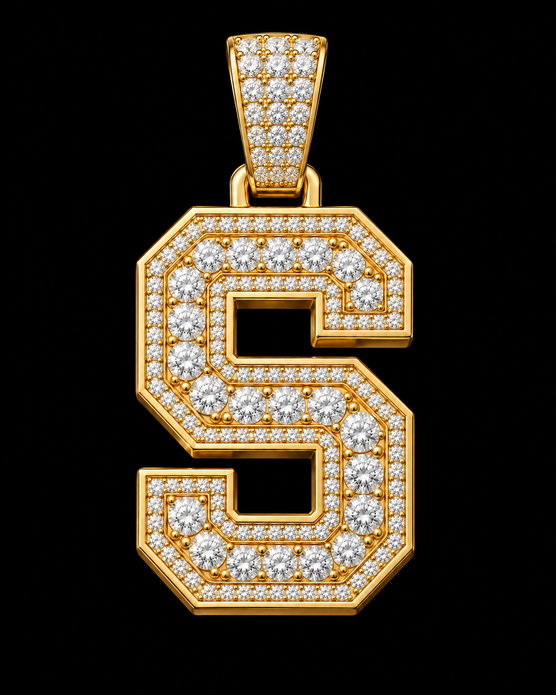 AI design render: letter S in yellow gold with round brilliant lab-grown diamond centers, borders and bail.