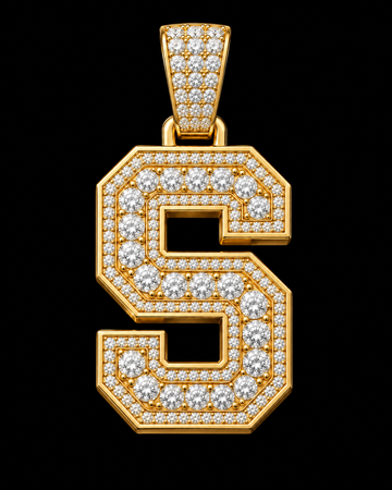 AI design render: letter S in yellow gold with round brilliant lab-grown diamond centers, borders and bail.