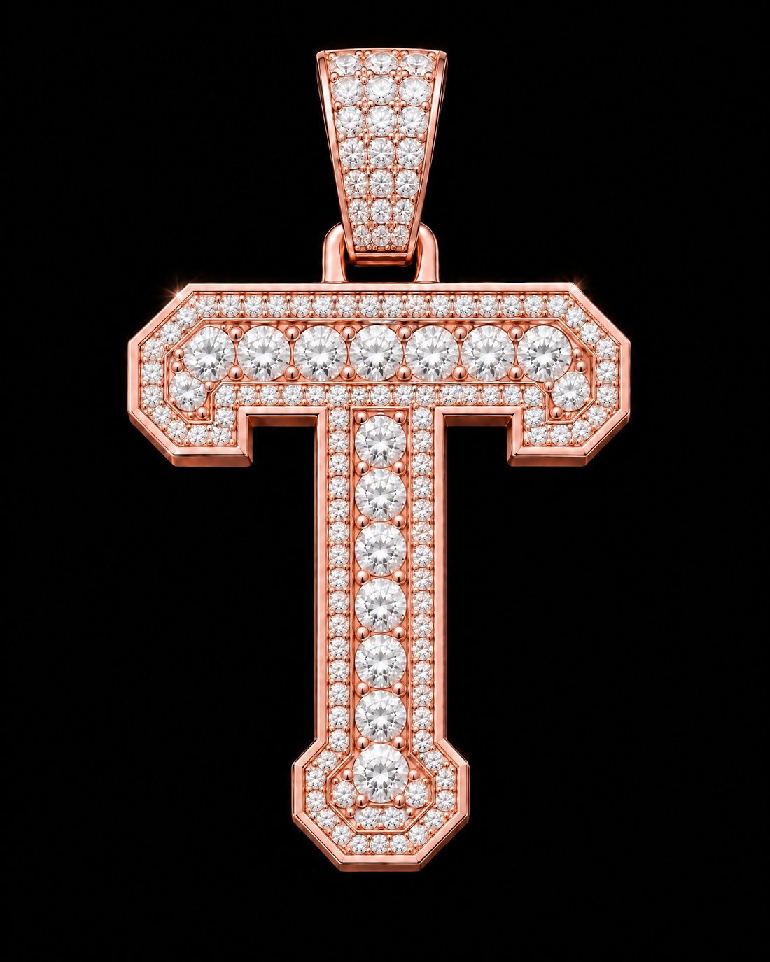 AI design render: letter T in rose gold with round brilliant lab-grown diamond centers, borders and bail.