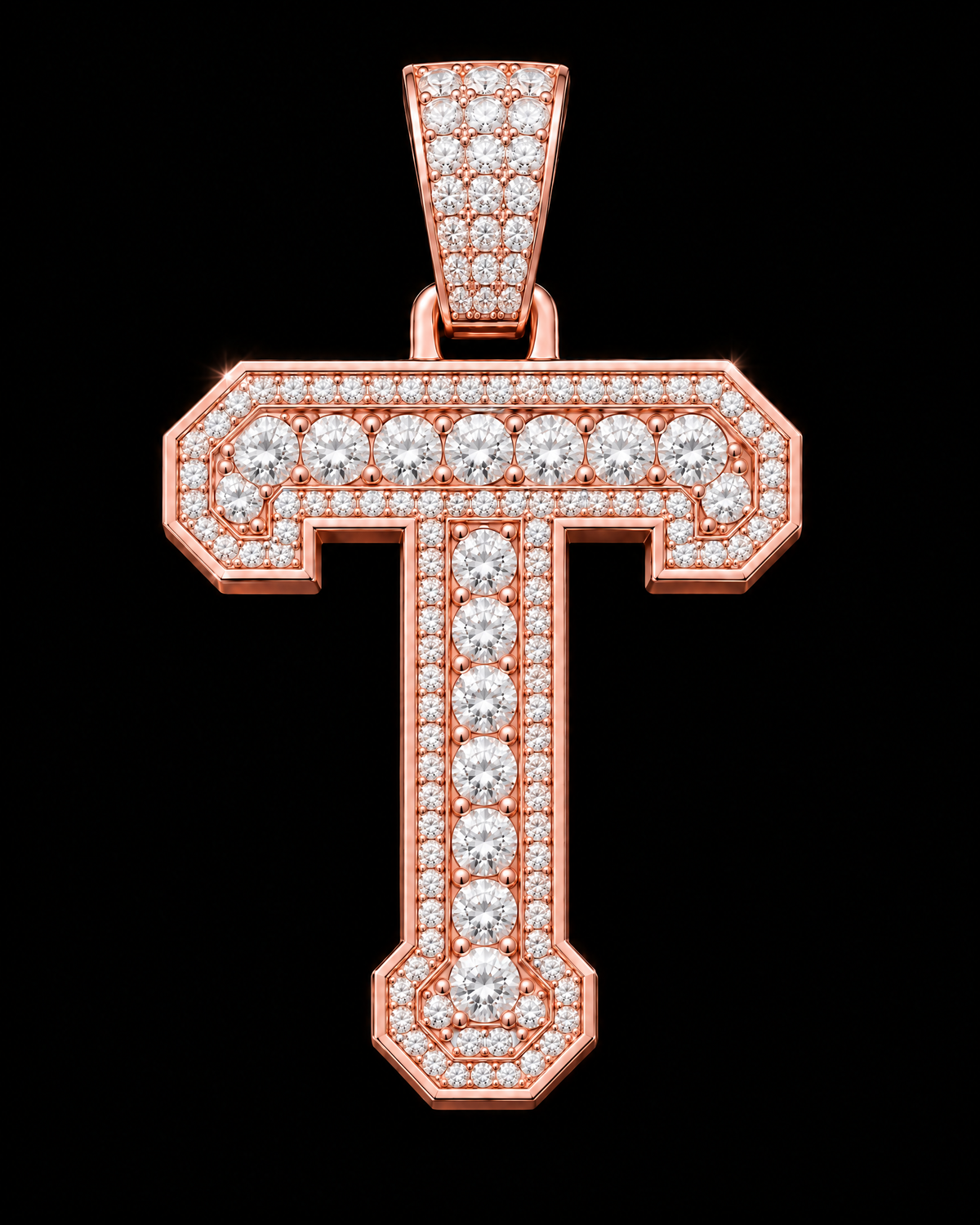 AI design render: letter T in rose gold with round brilliant lab-grown diamond centers, borders and bail.