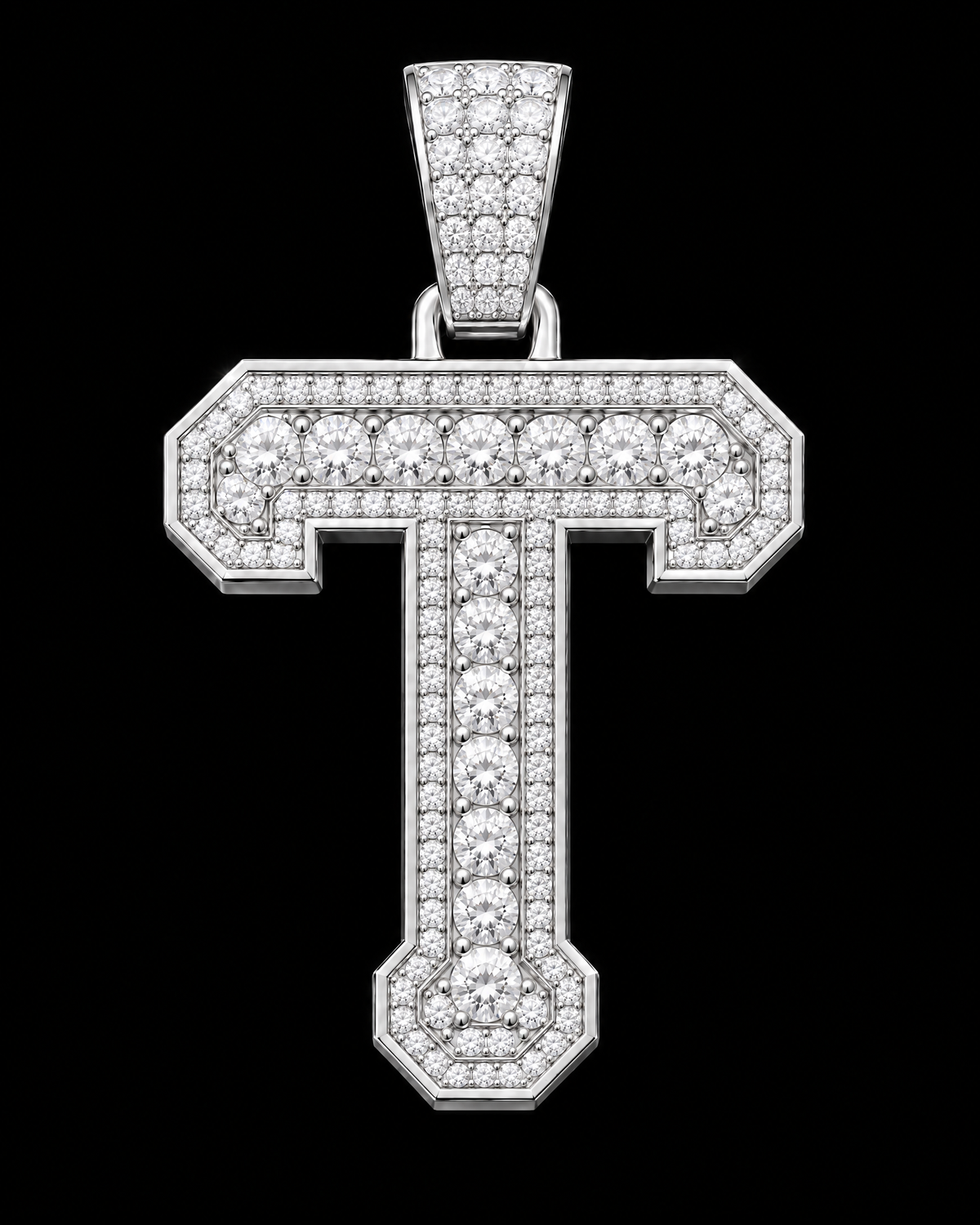 AI design render: letter T in white gold with round brilliant lab-grown diamond centers, borders and bail.