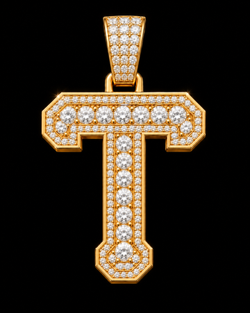 AI design render: letter T in yellow gold with round brilliant lab-grown diamond centers, borders and bail.