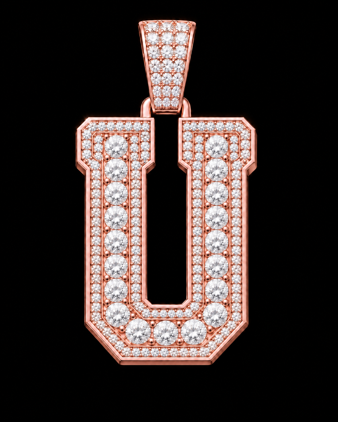 AI design render: letter U in rose gold with round brilliant lab-grown diamond centers, borders and bail.