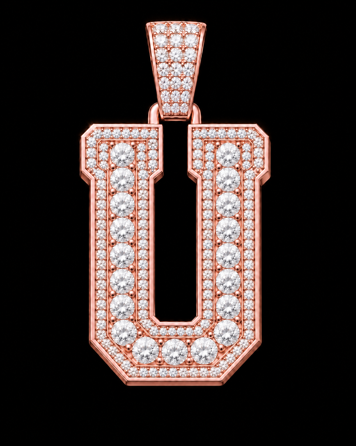 AI design render: letter U in rose gold with round brilliant lab-grown diamond centers, borders and bail.