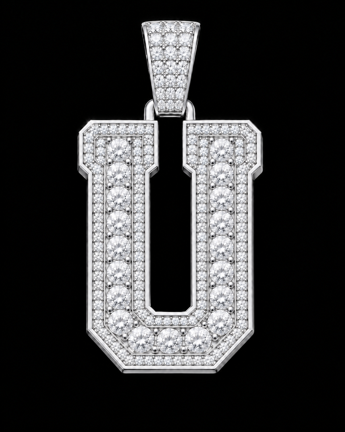 AI design render: letter U in white gold with round brilliant lab-grown diamond centers, borders and bail.