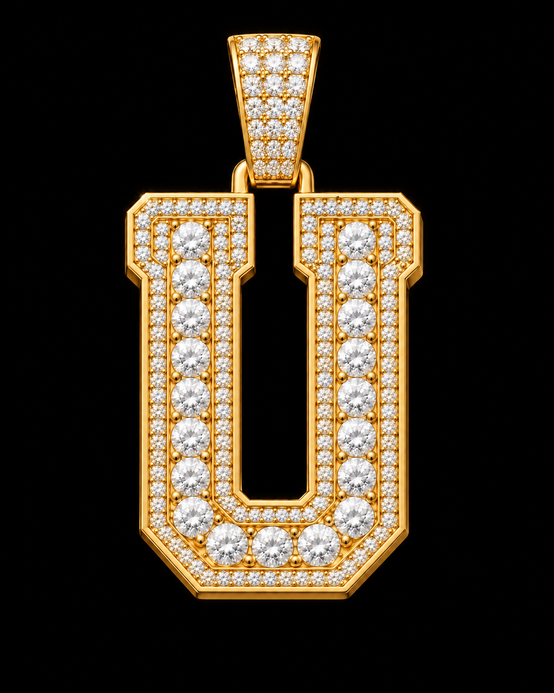 AI design render: letter U in yellow gold with round brilliant lab-grown diamond centers, borders and bail.