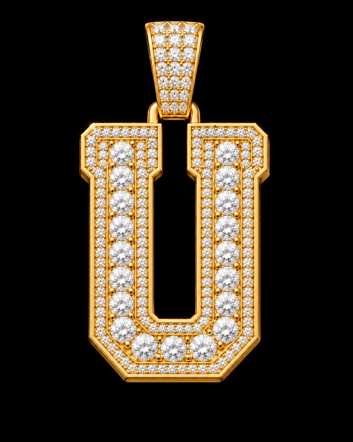 AI design render: letter U in yellow gold with round brilliant lab-grown diamond centers, borders and bail.