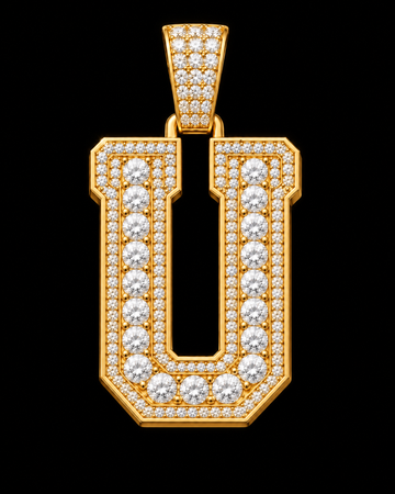 AI design render: letter U in yellow gold with round brilliant lab-grown diamond centers, borders and bail.