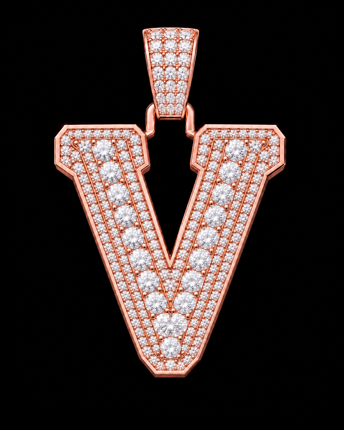 AI design render: letter V in rose gold with round brilliant lab-grown diamond centers, borders and bail.