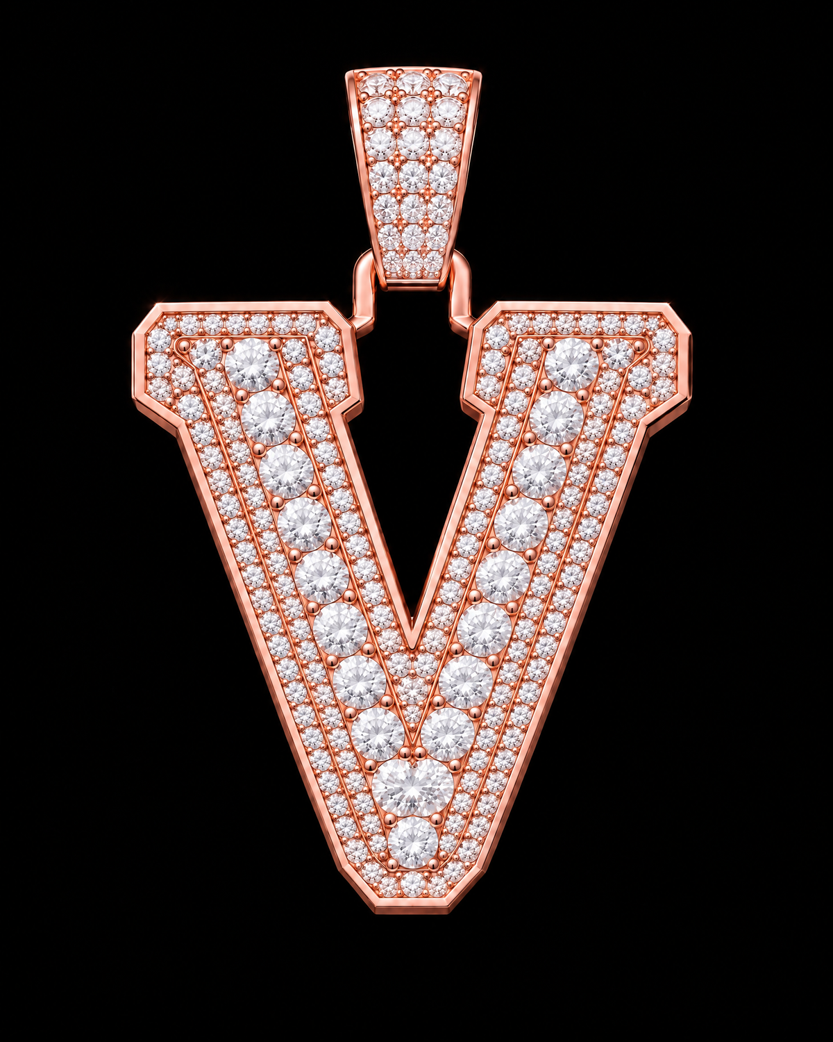 AI design render: letter V in rose gold with round brilliant lab-grown diamond centers, borders and bail.