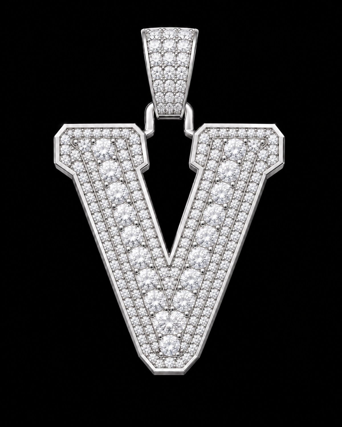 AI design render: letter V in white gold with round brilliant lab-grown diamond centers, borders and bail.