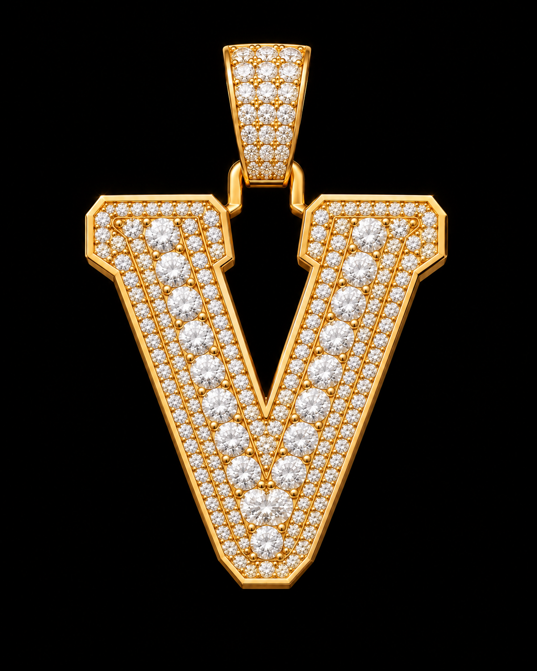 AI design render: letter V in yellow gold with round brilliant lab-grown diamond centers, borders and bail.