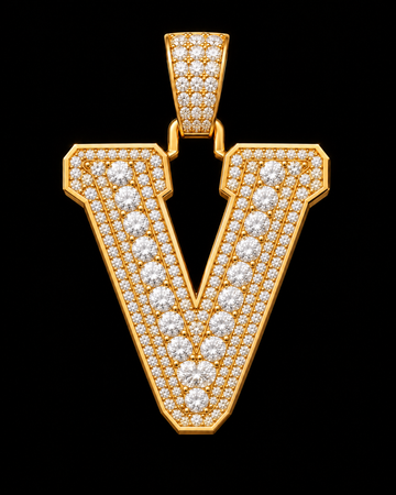AI design render: letter V in yellow gold with round brilliant lab-grown diamond centers, borders and bail.