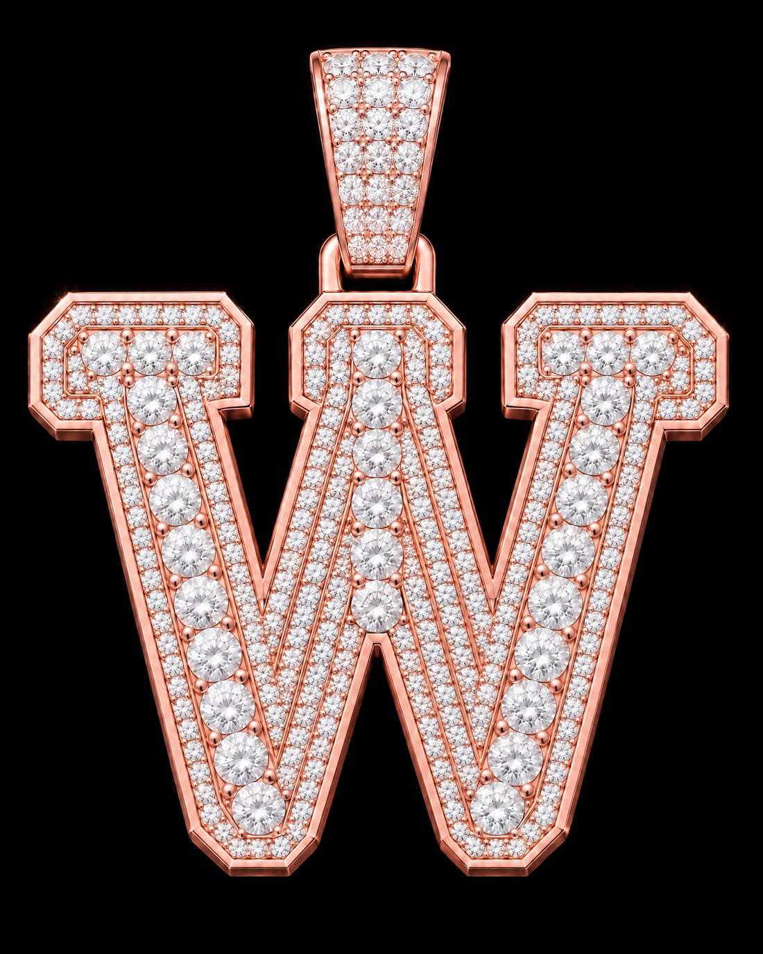 AI design render: letter W in rose gold with round brilliant lab-grown diamond centers, borders and bail.