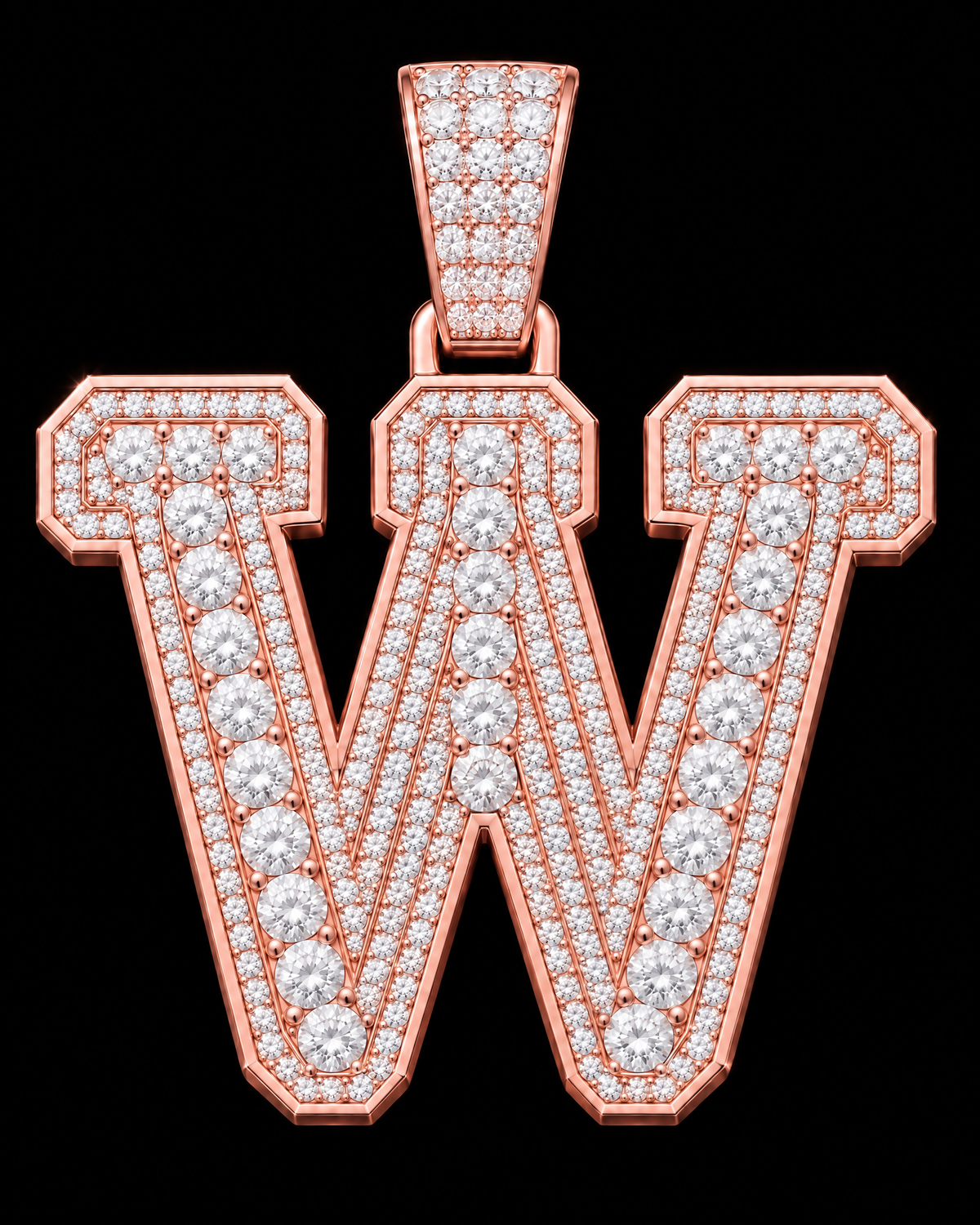 AI design render: letter W in rose gold with round brilliant lab-grown diamond centers, borders and bail.