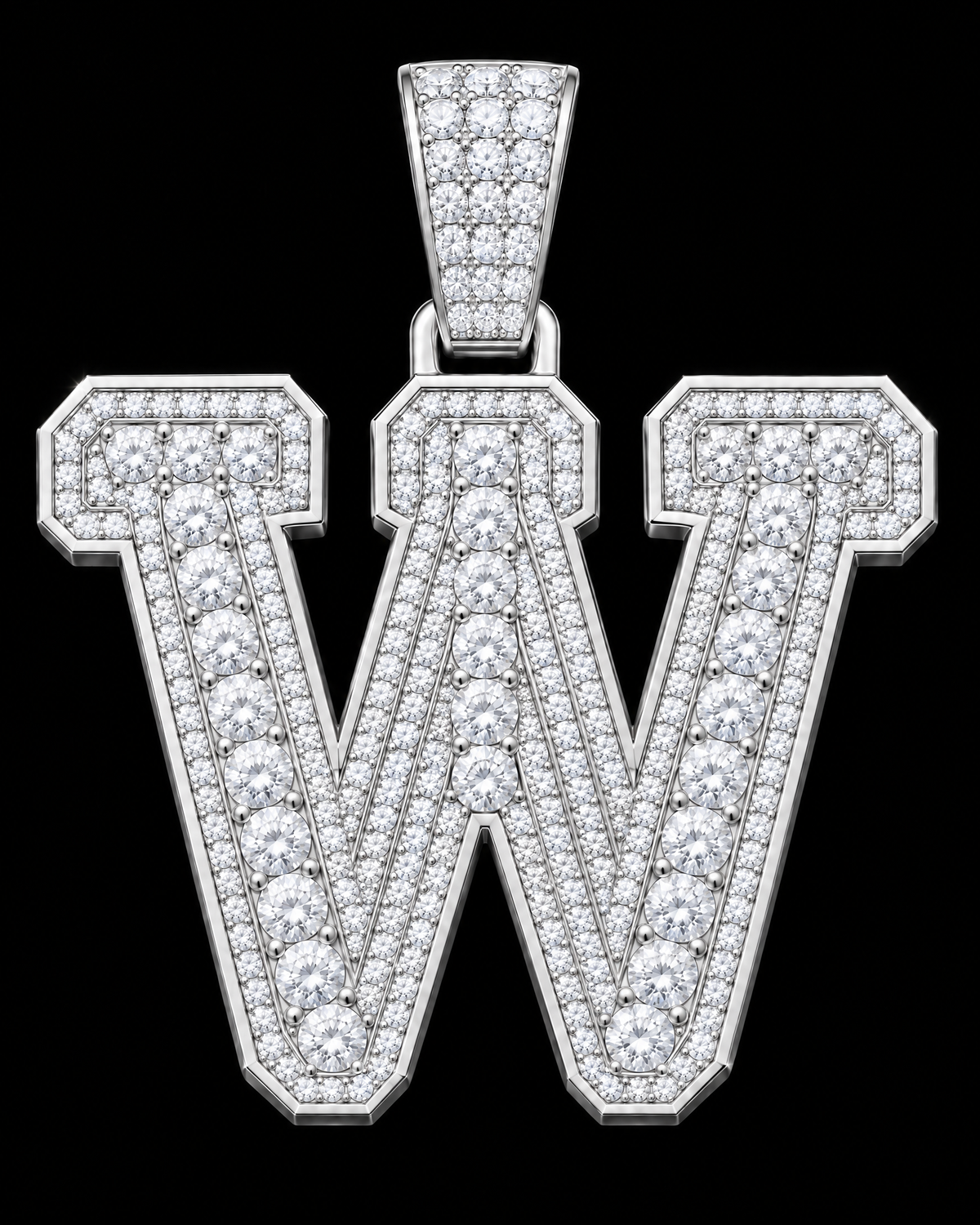 AI design render: letter W in white gold with round brilliant lab-grown diamond centers, borders and bail.