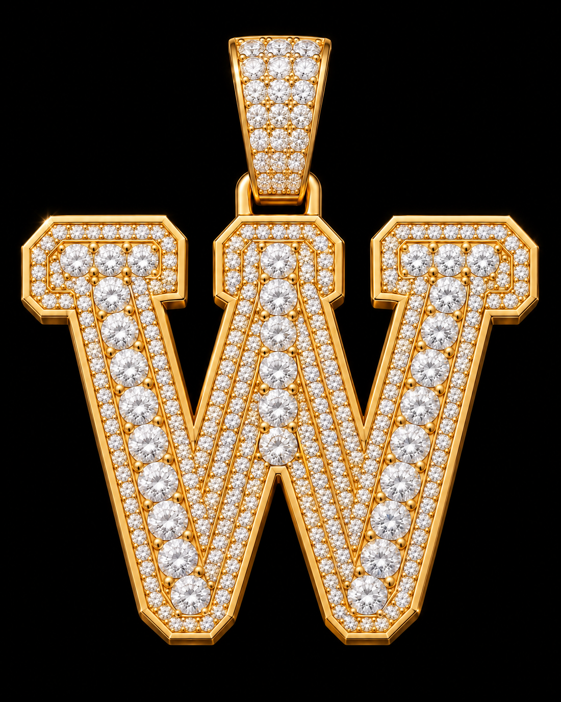 AI design render: letter W in yellow gold with round brilliant lab-grown diamond centers, borders and bail.