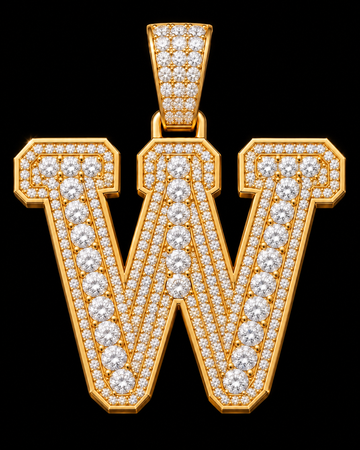 AI design render: letter W in yellow gold with round brilliant lab-grown diamond centers, borders and bail.