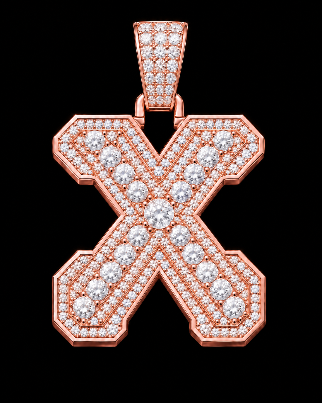 AI design render: letter X in rose gold with round brilliant lab-grown diamond centers, borders and bail.