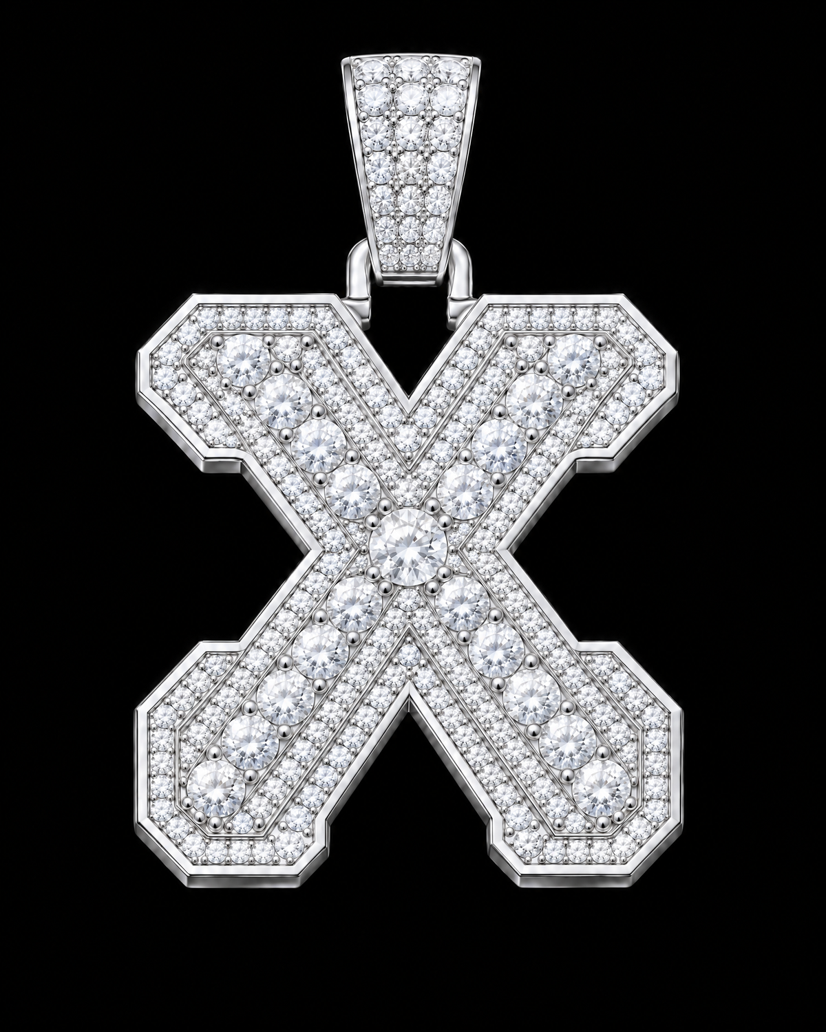 AI design render: letter X in white gold with round brilliant lab-grown diamond centers, borders and bail.