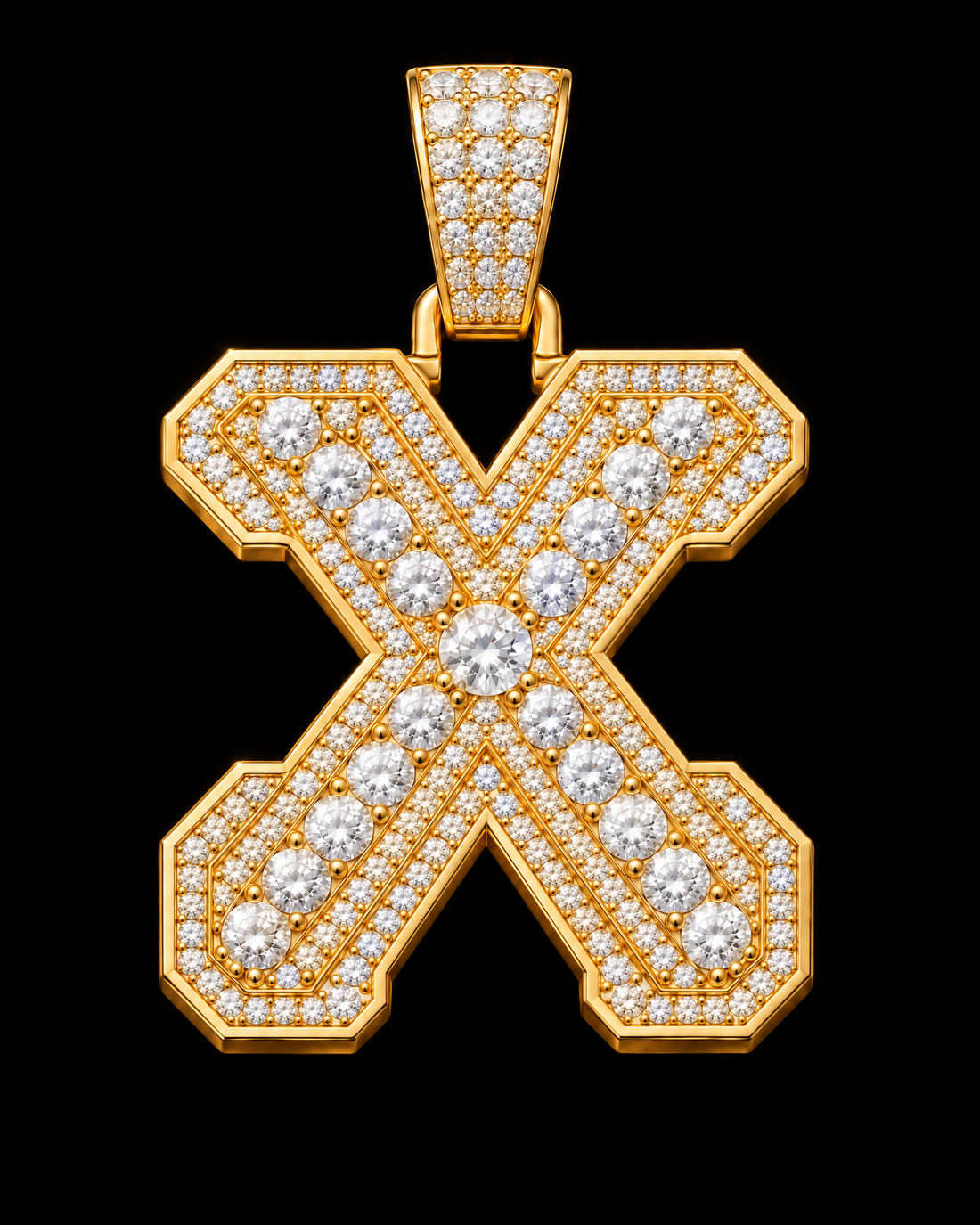 AI design render: letter X in yellow gold with round brilliant lab-grown diamond centers, borders and bail.