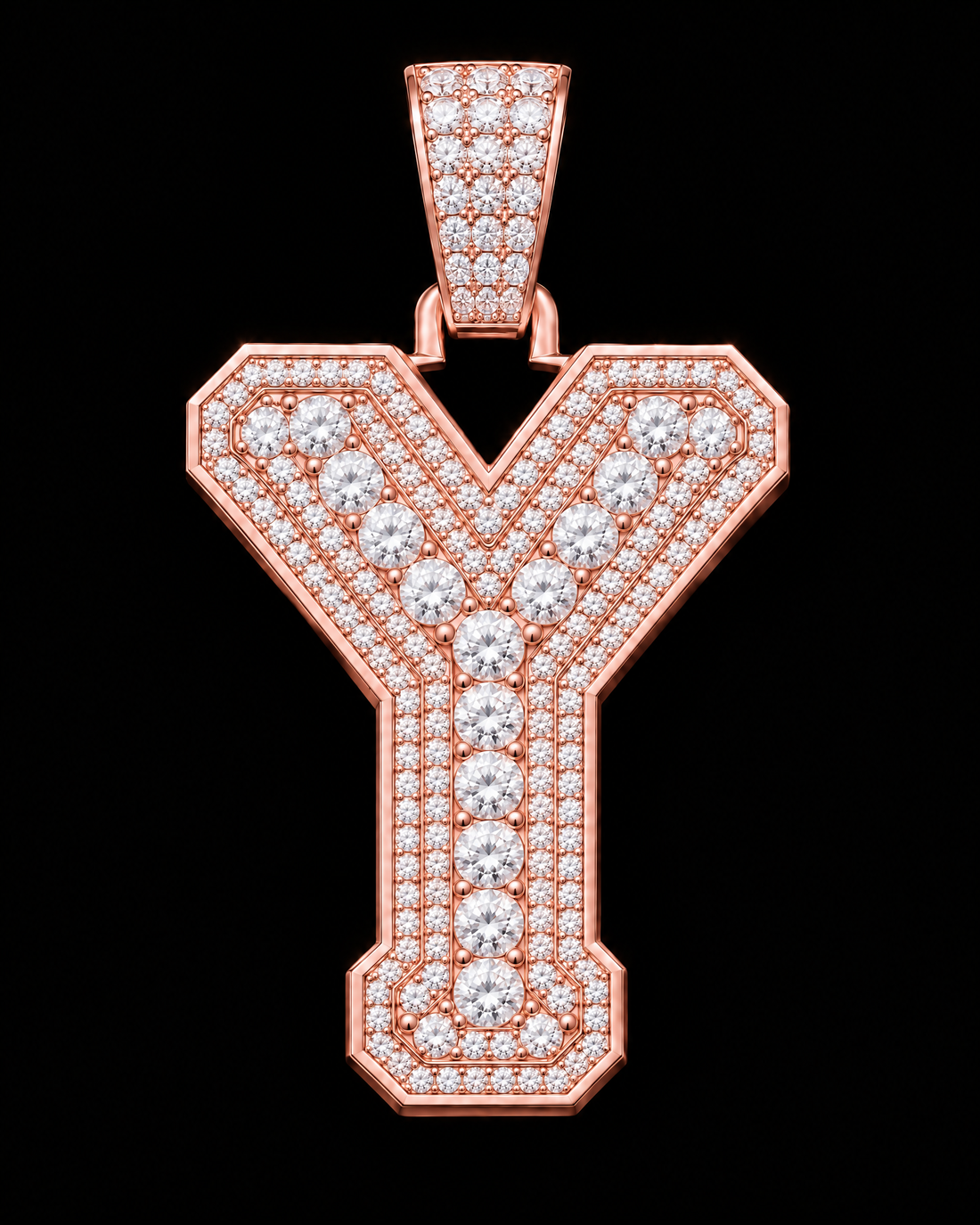 AI design render: letter Y in rose gold with round brilliant lab-grown diamond centers, borders and bail.