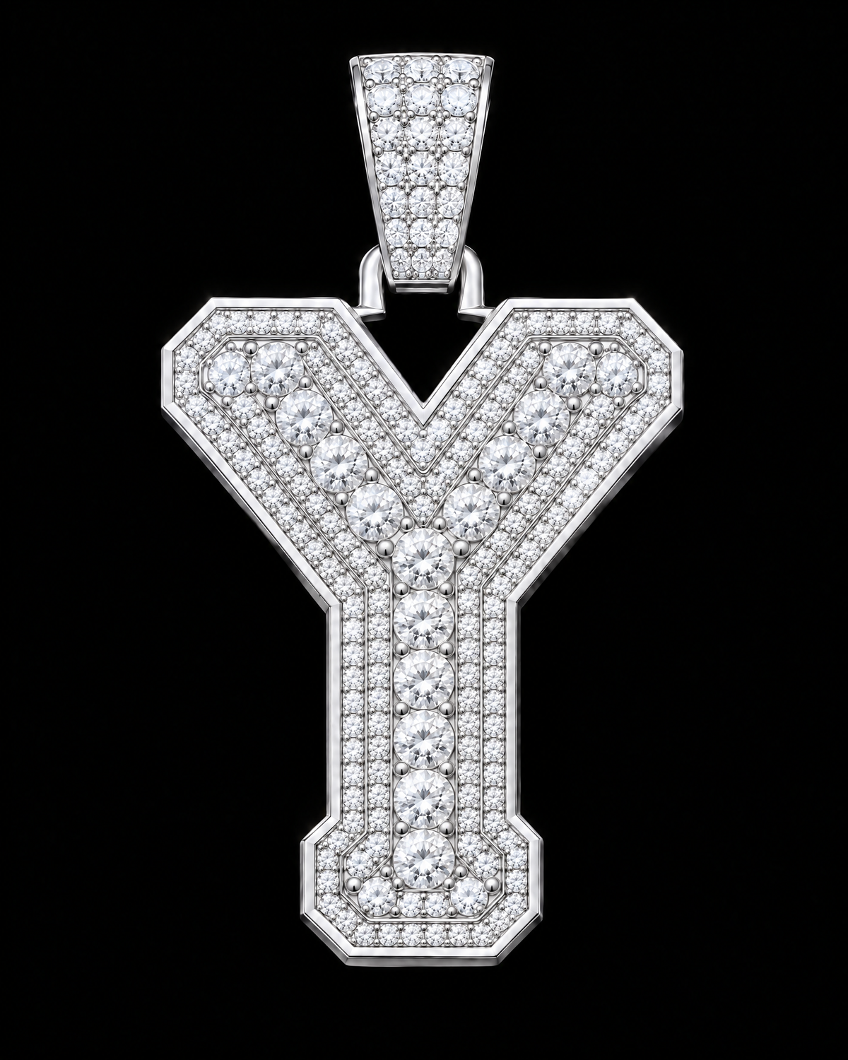 AI design render: letter Y in white gold with round brilliant lab-grown diamond centers, borders and bail.