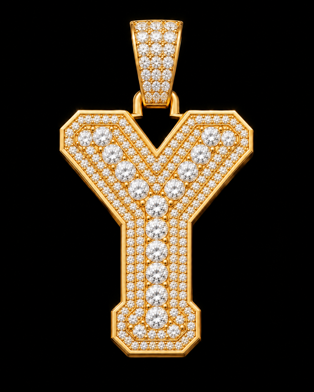 AI design render: letter Y in yellow gold with round brilliant lab-grown diamond centers, borders and bail.