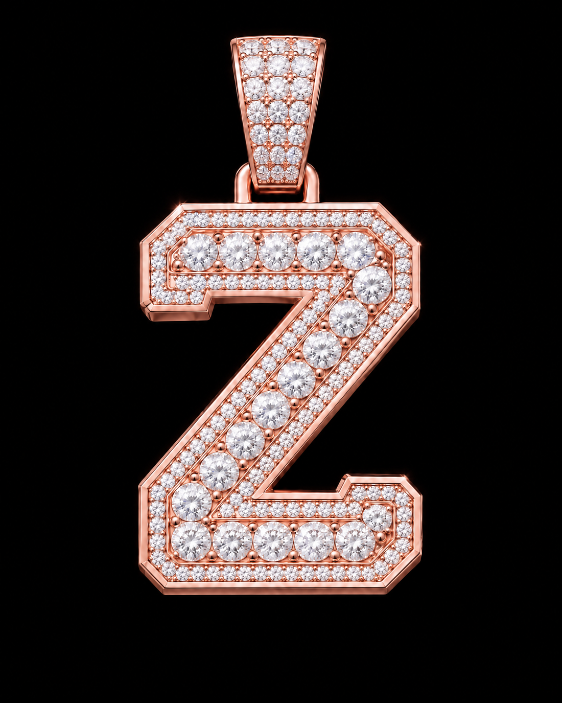 AI design render: letter Z in rose gold with round brilliant lab-grown diamond centers, borders and bail.