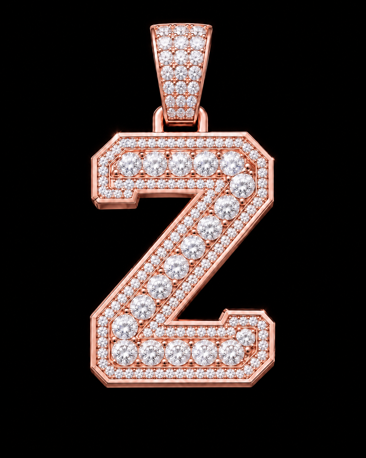 AI design render: letter Z in rose gold with round brilliant lab-grown diamond centers, borders and bail.
