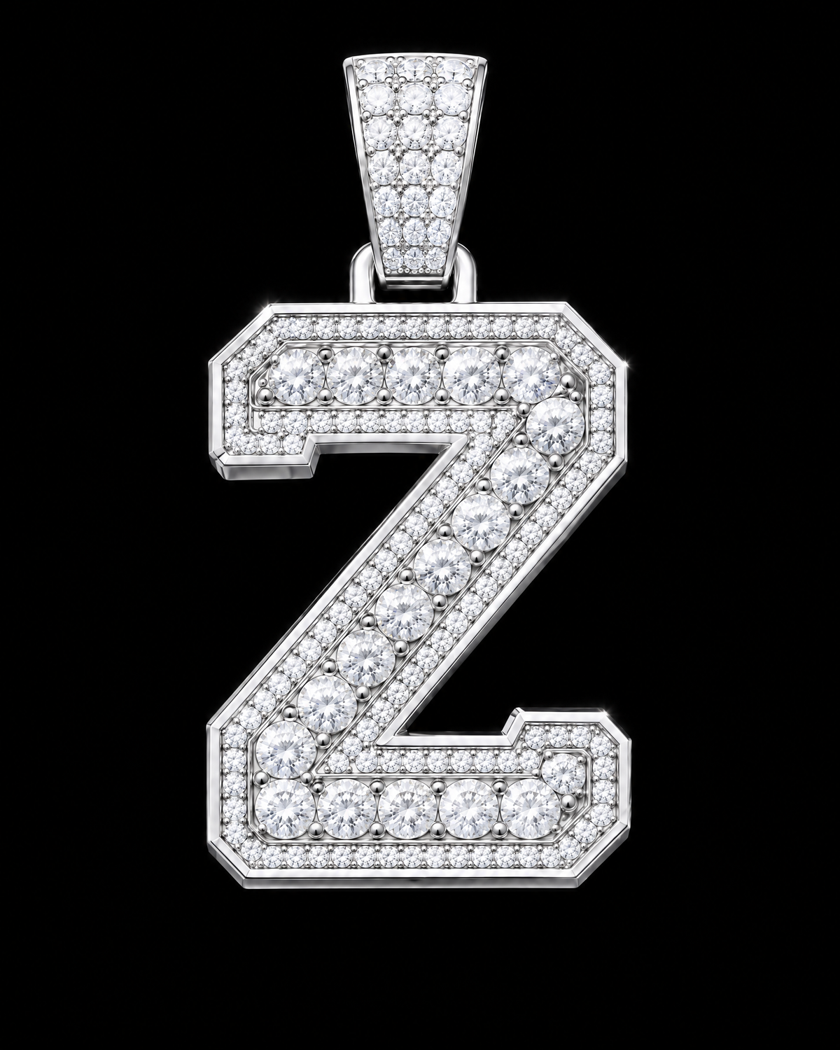 AI design render: letter Z in white gold with round brilliant lab-grown diamond centers, borders and bail.