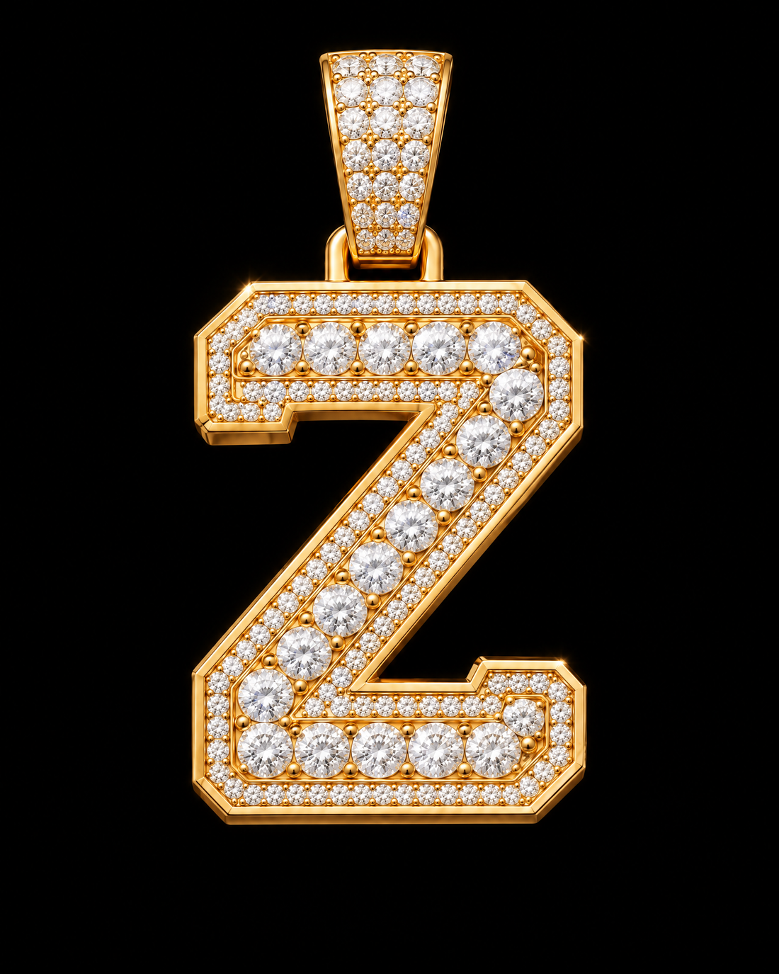 AI design render: letter Z in yellow gold with round brilliant lab-grown diamond centers, borders and bail.