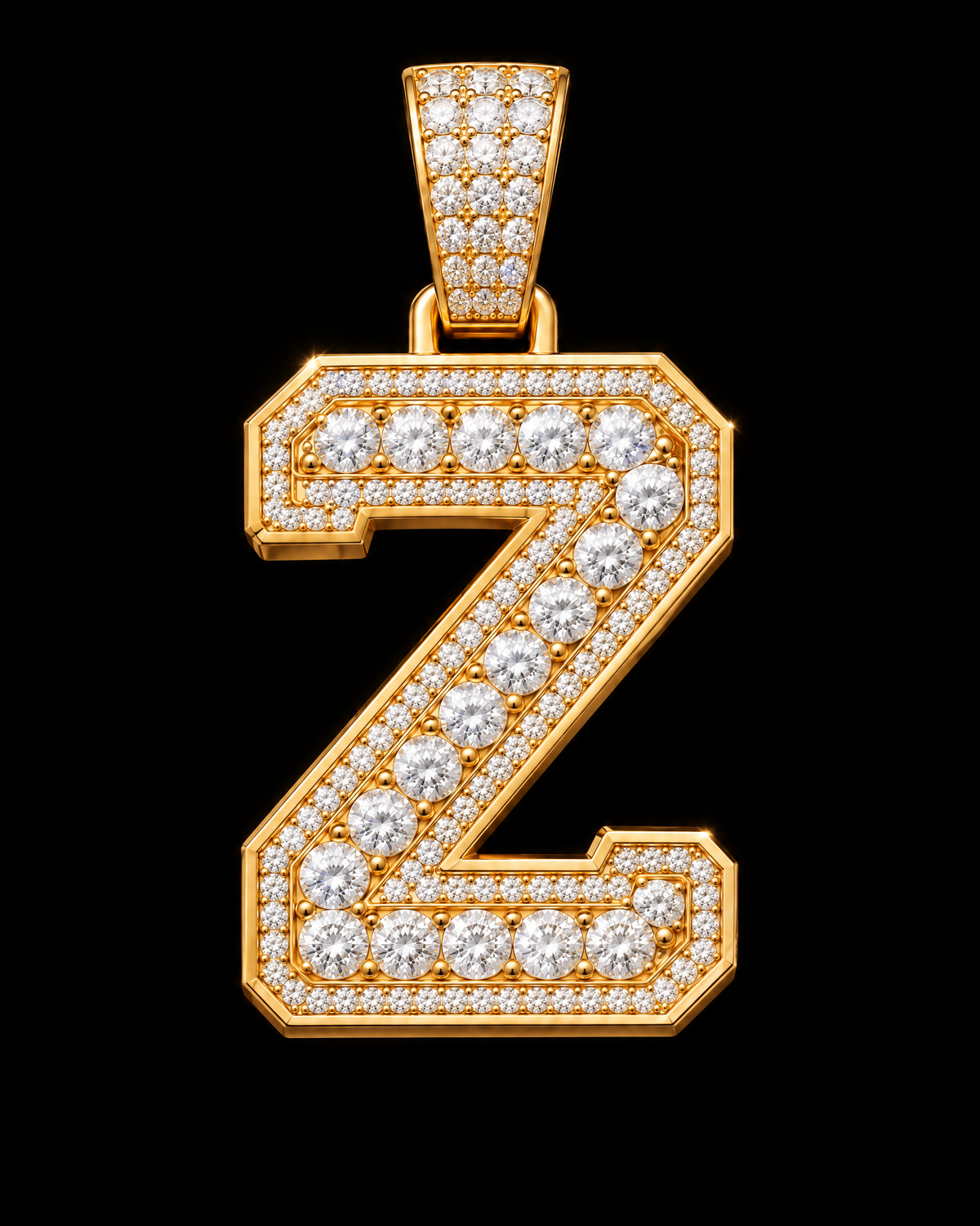 AI design render: letter Z in yellow gold with round brilliant lab-grown diamond centers, borders and bail.