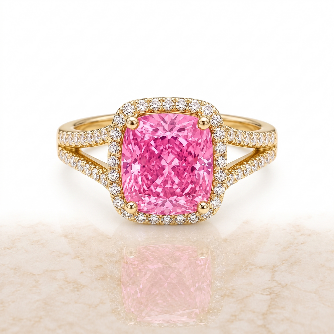 Camellia Cushion-Cut Pink Lab-Grown Diamond Split-Shank Halo Engagement Ring front catalog view on white background
